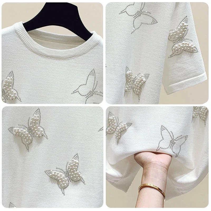 New Summer Luxury Design Butterfly Nail Bead Short Sleeve Knit Sweater Korean Fashion Thin Casual Jumper Women Knitwear 2022