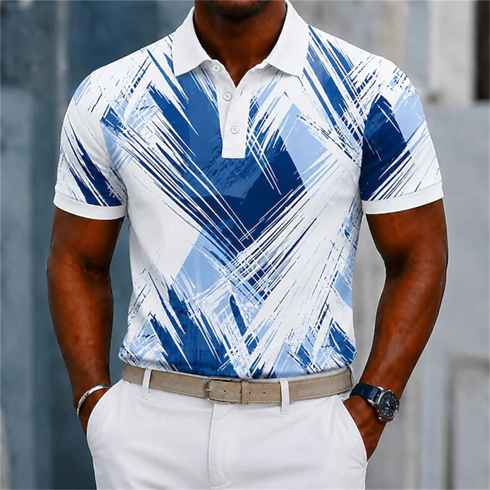 New men's short sleeved polo shirt with marble fluid art print, wine red contrasting color flip tie pocket top