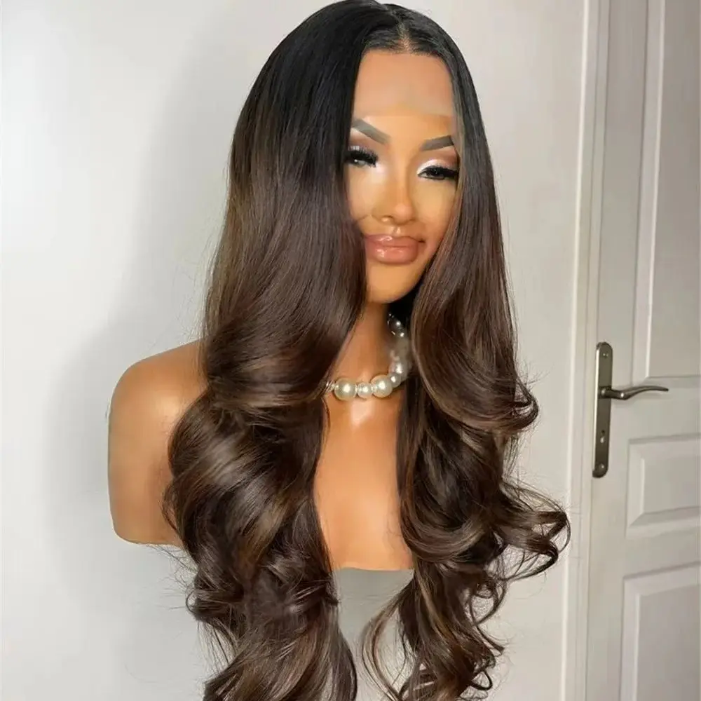 

Длинные темные парики с 180% плотностью, балаяж, с центральным пробором, с мелированием, волнистый парик HD с кружевной передней частью и естественными темными корнями, длинный волнистый женский парик