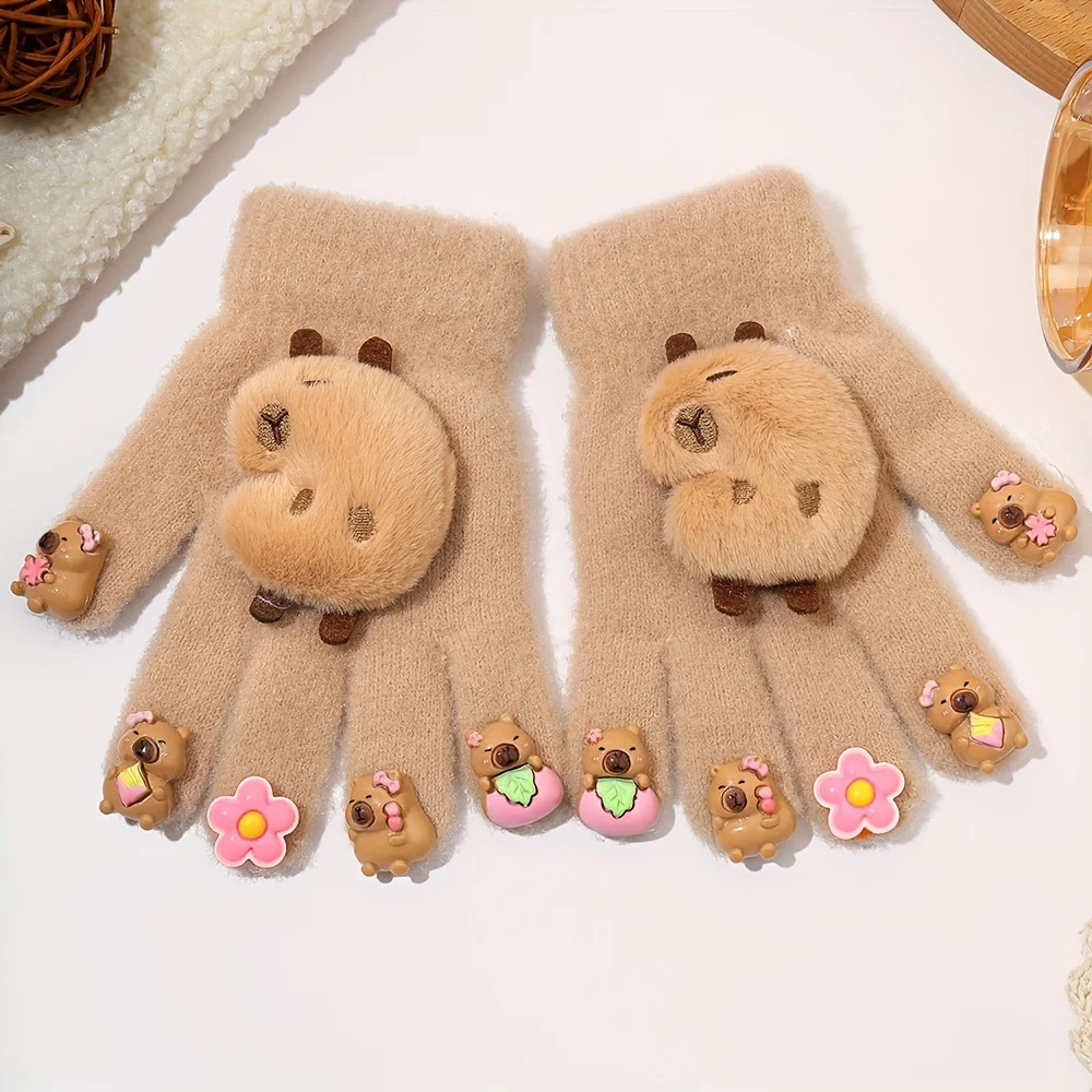 Niedliche Winterhandschuhe für Mädchen mit bezaubernder Capybara-Dekoration, bequem und warm für Herbst und Winter, Fingerspitzen-Design – Detail 5