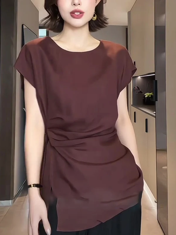 

Deep Brown Midi Belted round Ne Slit Women's Top Korean Sle Summer Design Simple Personalized Casual Faion irt