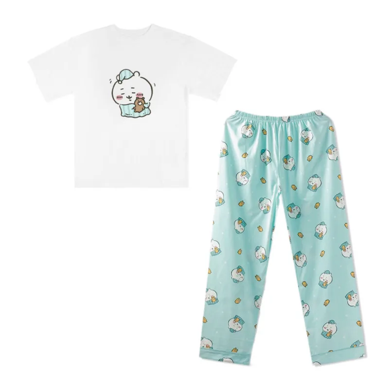 Chi Kawaii Pajama Set 2024 Women Summer Casual Cartoon O-Neck Short Sleeved Long Pants Loose Cartoon Unisex Home Clothes Set