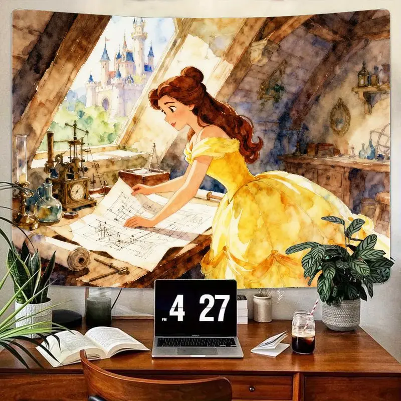 

1 шт., гобелен принцессы Диснея Белль, акварельное желтое платье для изучения чертежей, настенное искусство, эстетический декор для спальни, общежития, подарок для F