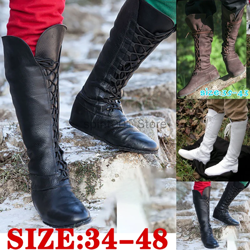 New Medieval Knight Warrior Cosplay Shoes For Women Pu Leather Round Head Flat High Bandage Boots Halloween Retro Shoes