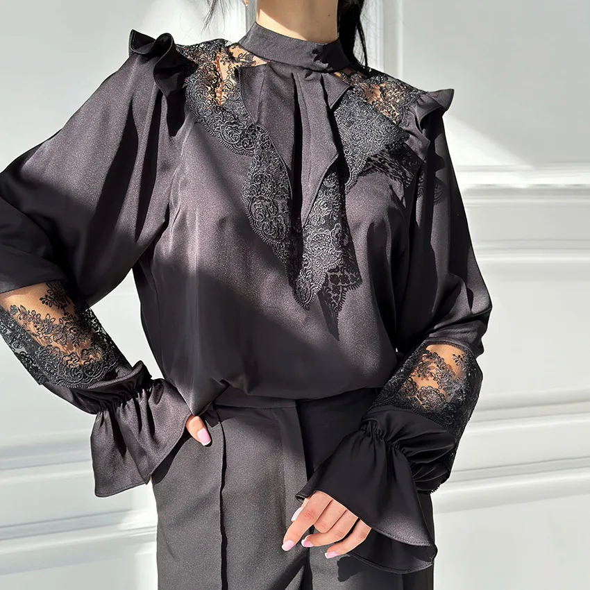 Autumn and Winter New Satin Ruffled Shirt with Lace Patchwork Design, Stylish and Stylish 2025