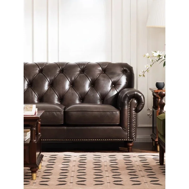 

American sofa leather living room three retro buckle straight row single furniture