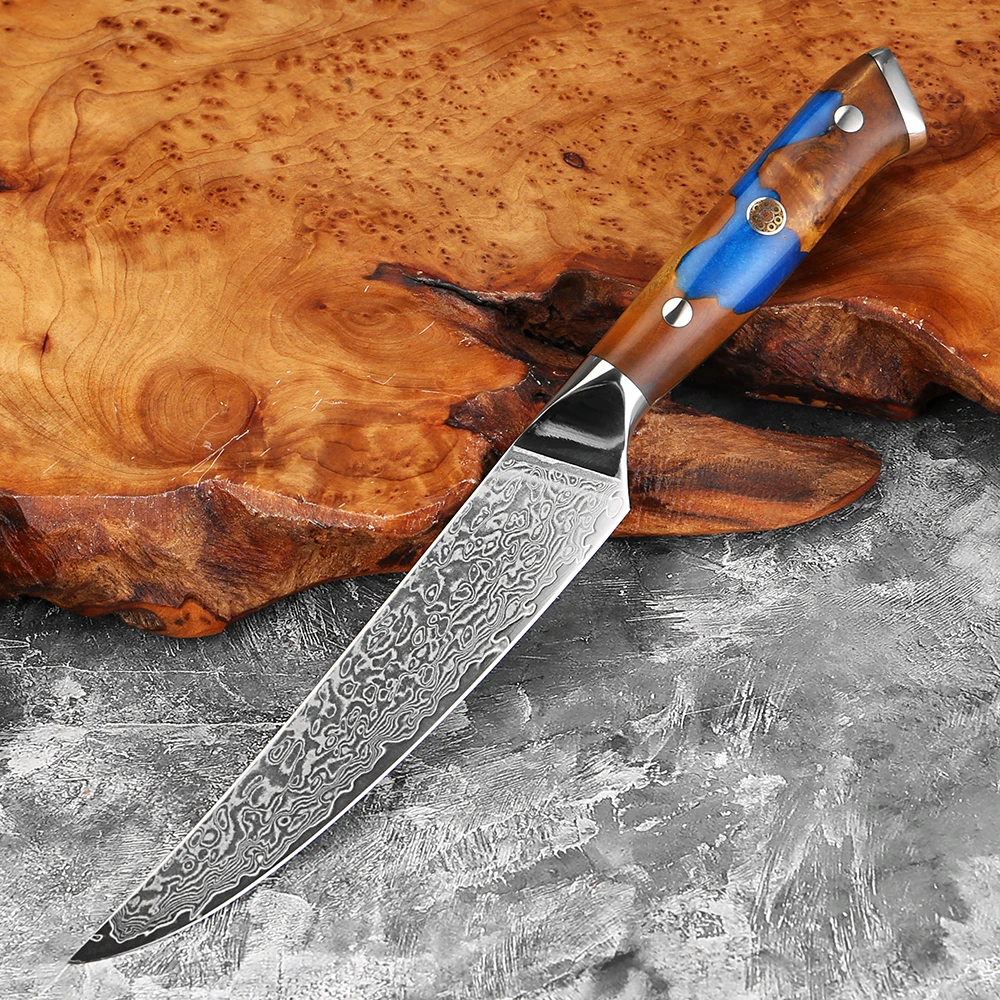 Japanisches 5-Zoll-Küchenmesser, scharfes kleines Kochmesser aus Damaststahl, Schälmesser mit vollem Klang, stabilisierter Griff aus Holz und Harz