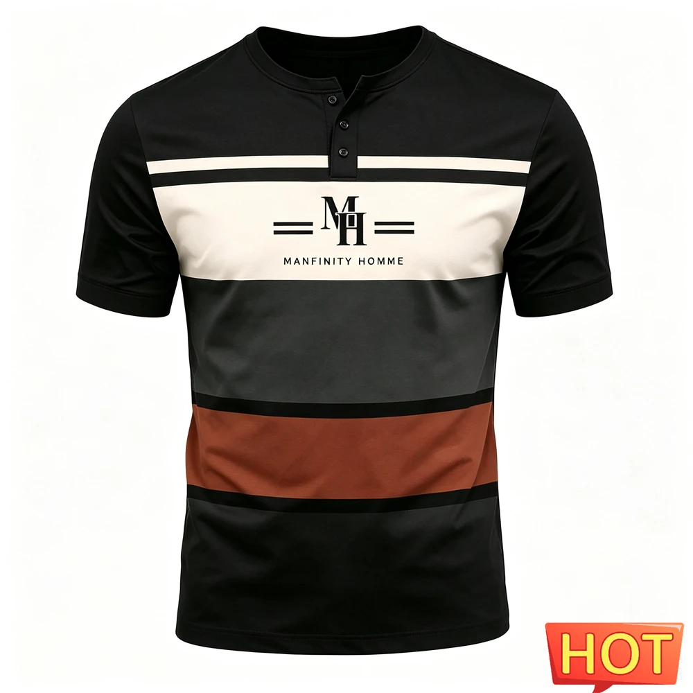 Summer Men's Henley Shirt Funny Letter Stripe Print T-shirt Business Casual Henry Collar Short Sleeve Tee Fashion Loose Men Tops