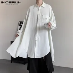 INCERUN Men Long Style Shirt Solid Color Lapel Long Sleeve Streetwear Men Clothing 2024 Korean Style Fashion Casual Shirts S-5XL