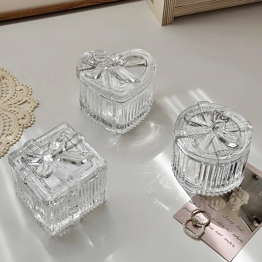 Caja de almacenamiento de joyería de cristal con lazo, organizador exquisito transparente con tapa, decoración multifuncional para el hogar para vestir Ta