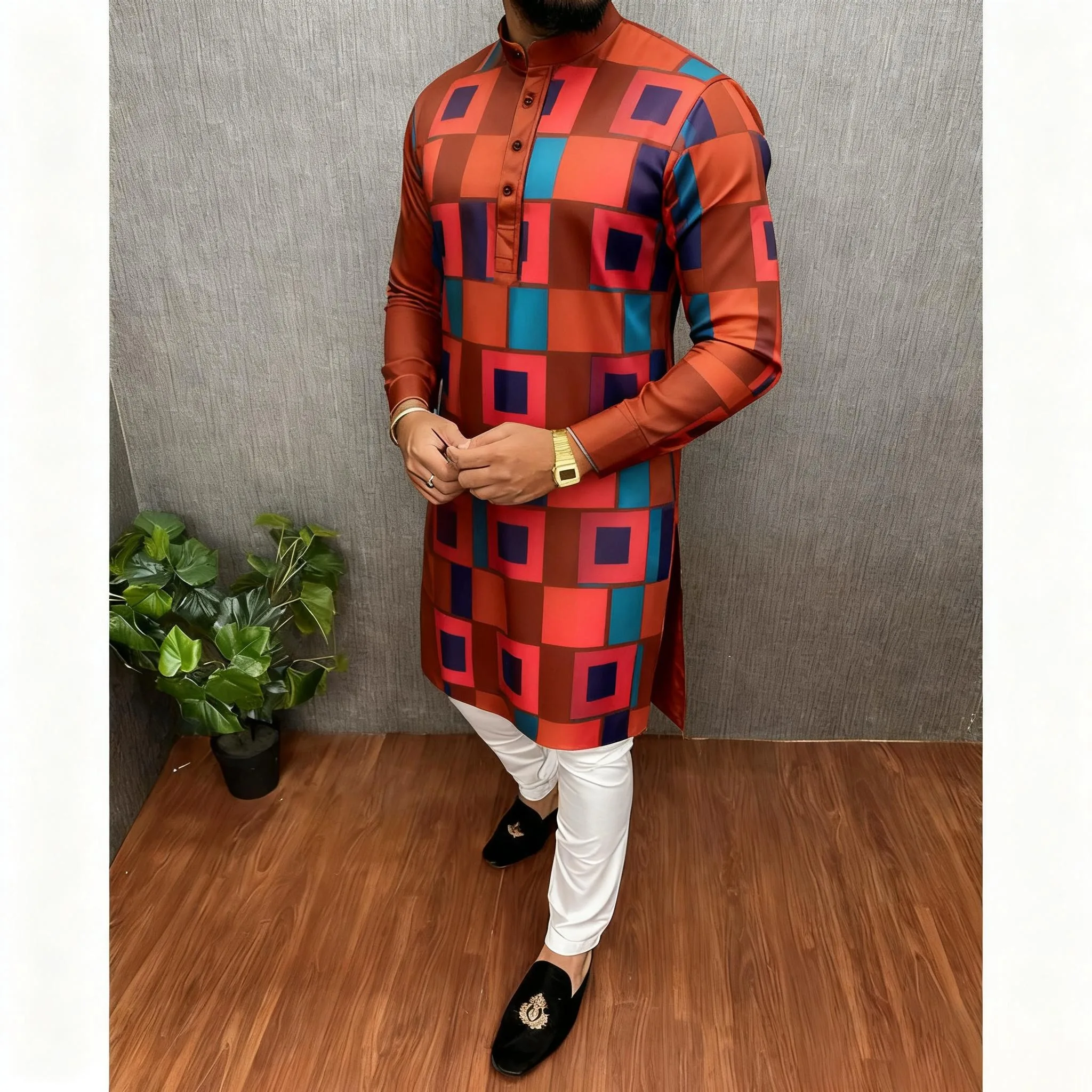 قمصان رجالية إسلامية بسيطة كاجوال قميص طباعة عرقية قميص طويل الأكمام بياقة واقفة دبي قفطان مغربي