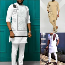 Trajes tradicionais africanos do Ramadã para homens, camiseta e calças com gola redonda, tops e calças, roupas tradicionais para casamento, 2 pçs, 2022