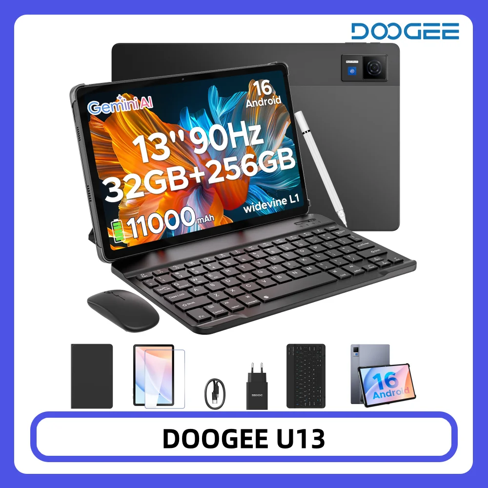 Tablette DOOGEE U13, Android 16, écran FHD+ 13'', 32 Go de RAM, 256 Go de ROM, batterie de 11000 mAh, ultra-fine 7,5 mm, tablette intelligente Gemini AI