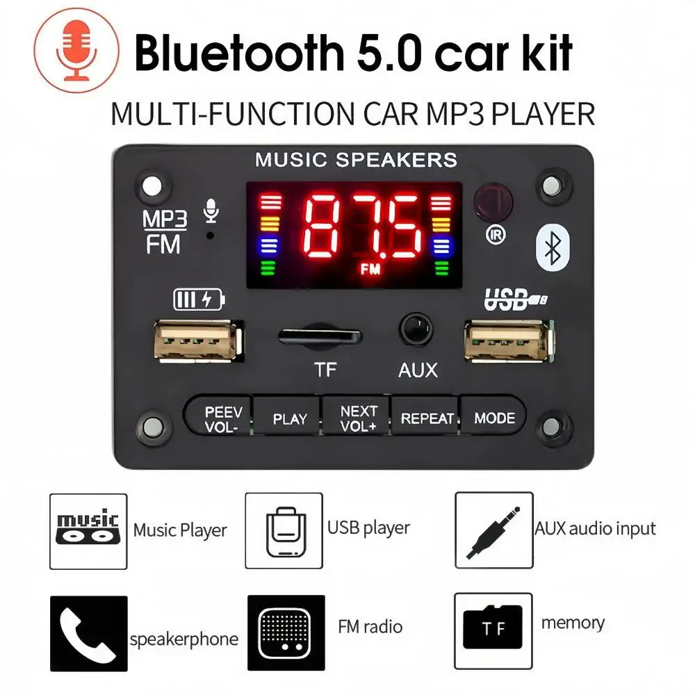 80W Amplifier MP3 WMA WAV Decoder Board USB Charging Bluetooth 5.0 Wireless Music Player 5V-20V Car FM Radio AUX Call Recording