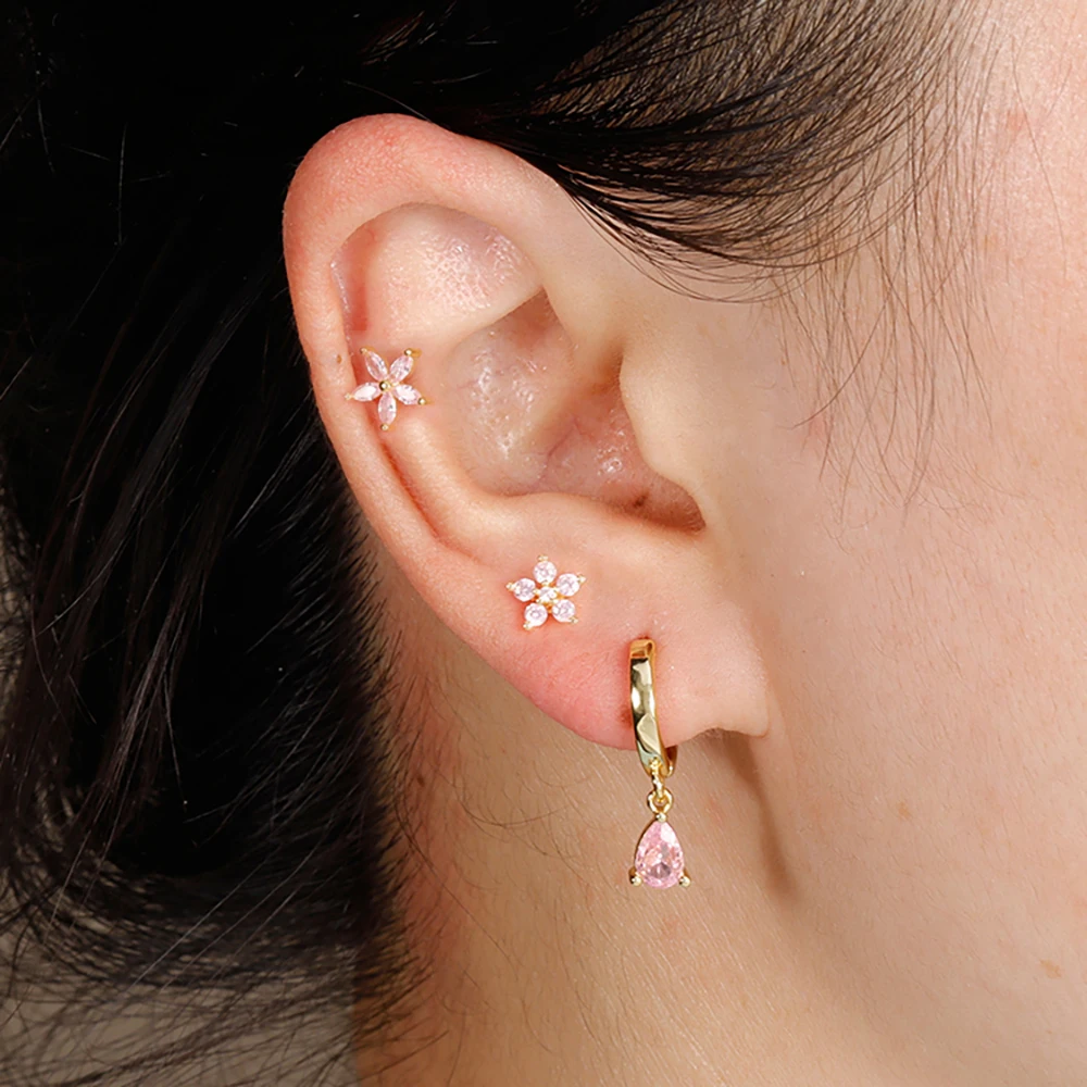 3pcs Stainless Steel Square Pink Zirconia Earrings Set For Women Small Helix Screw Cartilage Piercing Party Jewelry Accessories