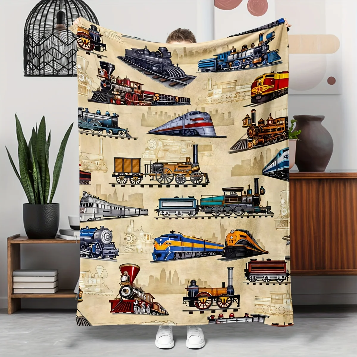 

VIKAMA Train Themed Blanket, Vintage Steam & Diesel Train Print Soft Blanket for Kids Bedroom Man Cave Decor