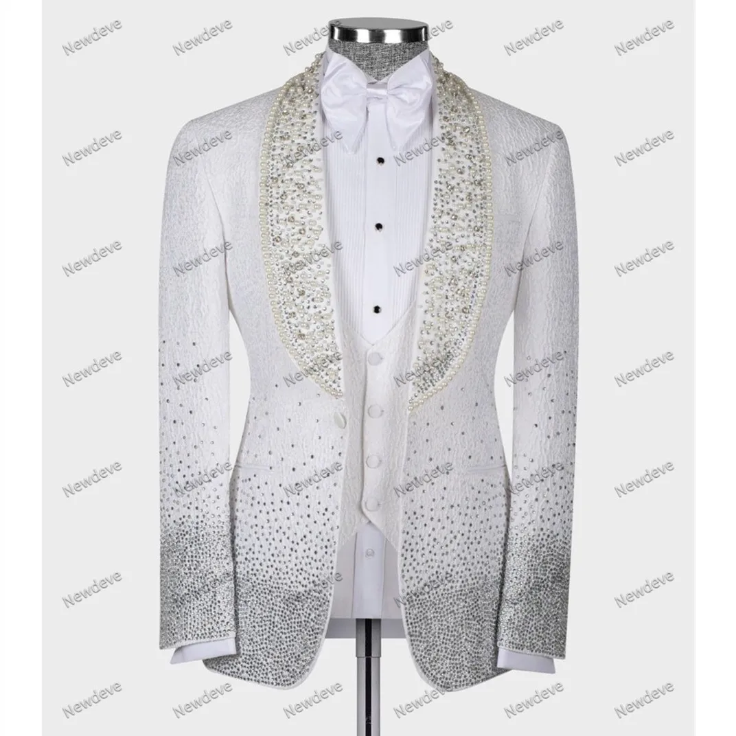 

Luxury Men's Suits Tailored 2 Pieces Jacquard Blazer Vest One Button Sheer Lapel Beads Diamonds Crystals Tuxedo Host Custom Made