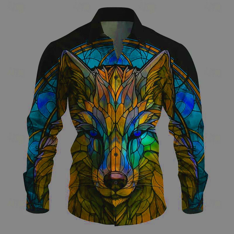 

Мужская рубашка 2026 с 3D HD-принтом «Тотем волка», стильная повседневная рубашка с отложным воротником и пуговицами, серия «Национальный тотем», синий, фиолетовый, красный, большие размеры