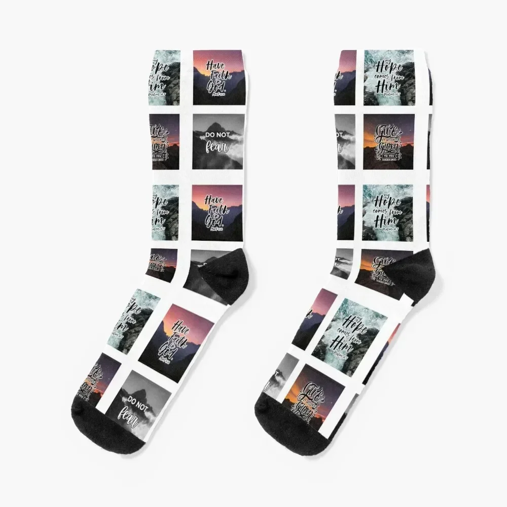 

Christian Bible verse Sticker Pack With Nature Photography Background Socks tennis designer Socks Woman Men's