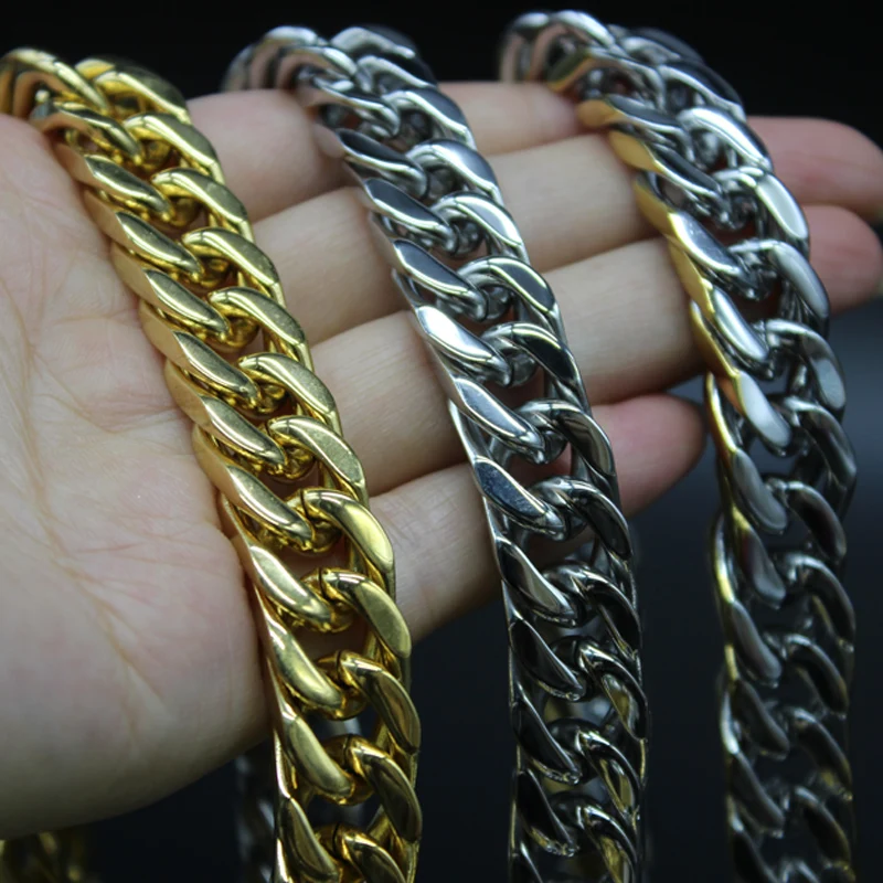 Heavy Men's 6/8/10/12/14/17/19mm Wide Silver Color Stainless Steel Curb Cuban Link Chain Necklace Choker Boys Jewelry