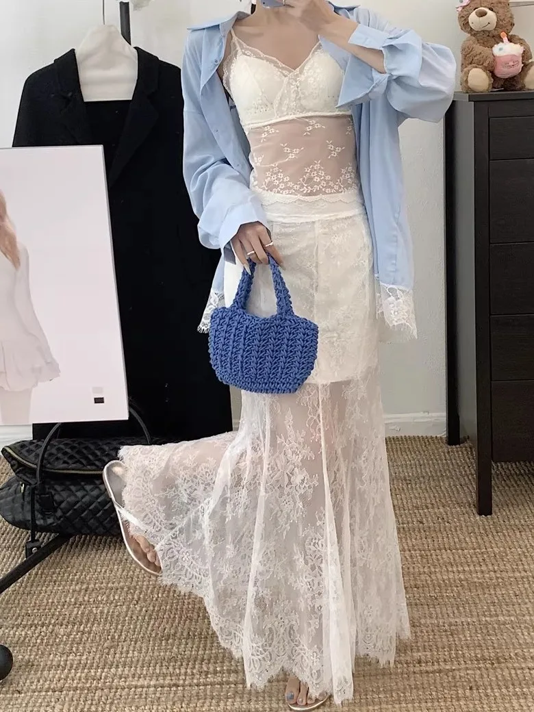 

Kumikumi Loose Long Sleeve Shirt Lace Vest Two-Piece Set Women's Elegant Fashion Spring Outfit High Waist Skirt Casual Wear