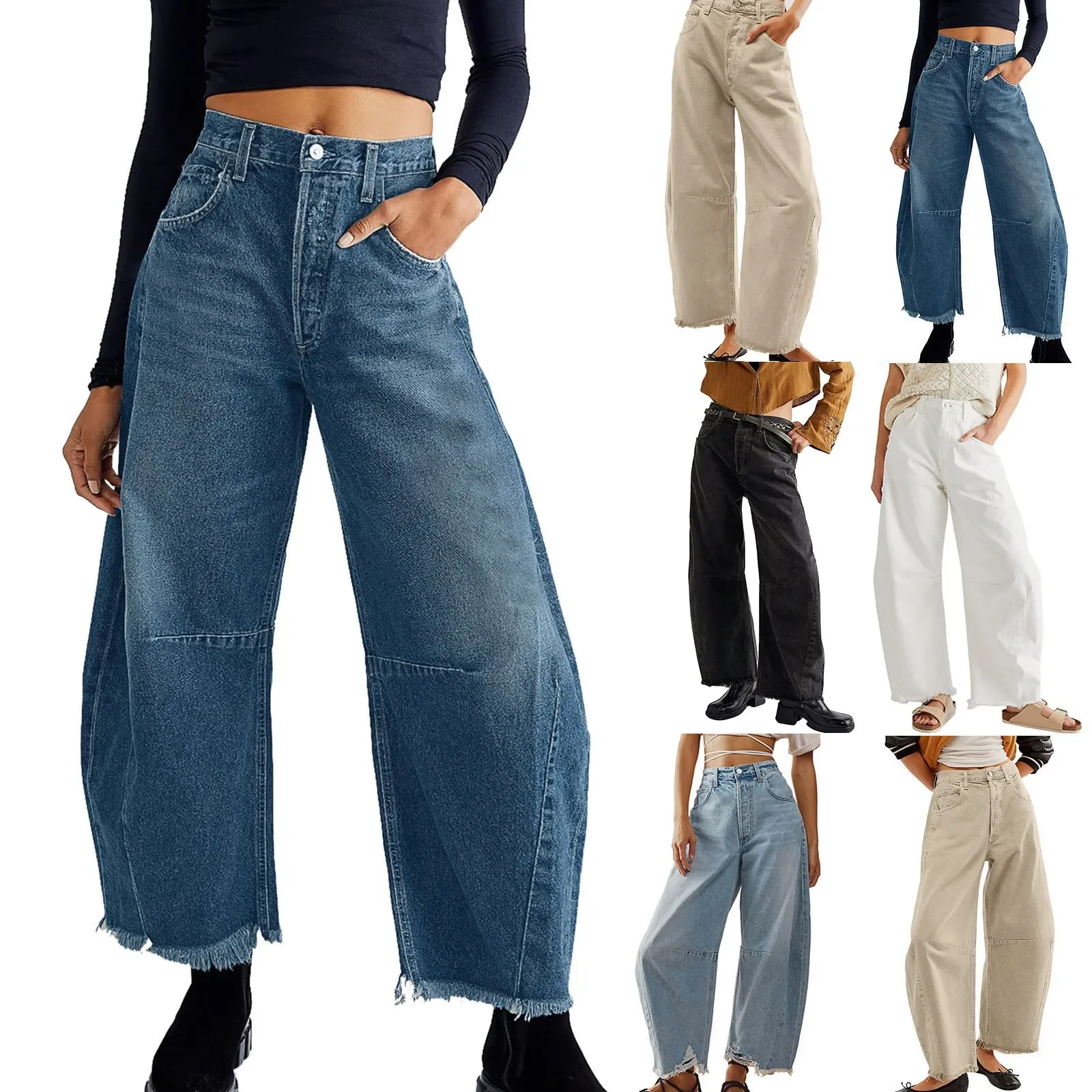 

Women Baggy Wide Leg Jeans Barrel Boyfriend Cropped Hem Denim Pants plus Size Womens Pants