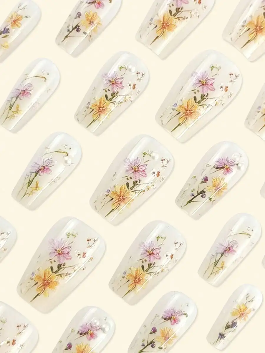 24pcs Y2K pearl coffin acrylic nail tips pressure sensitive pink ombre geometric floral pattern rhinestone decor reusable minima