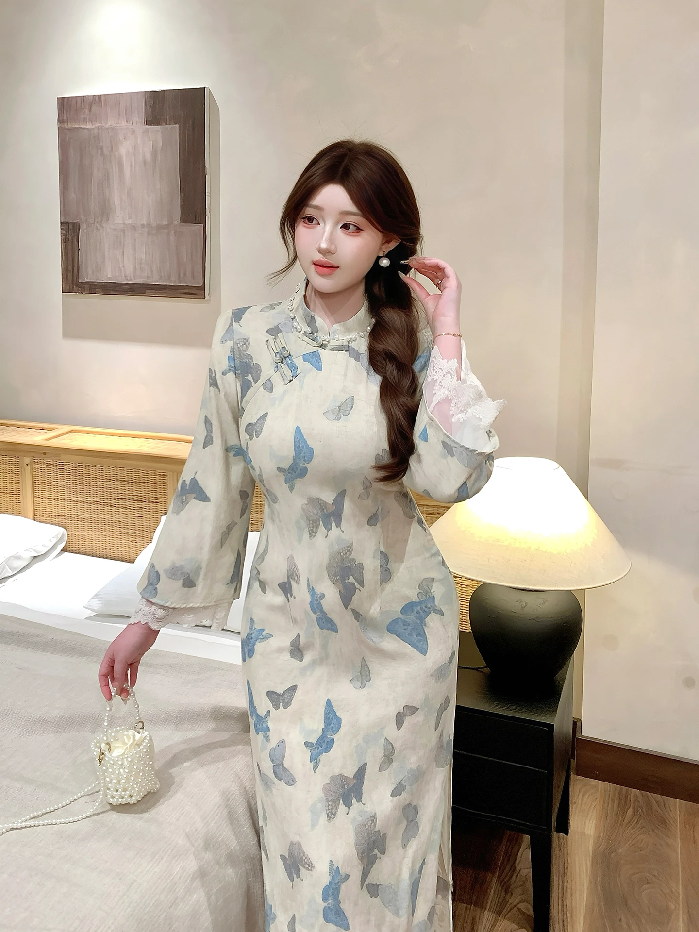 

Миди с принтом для похудения Dr, новинка, китайский воротник-стойка, большие размеры, женская одежда, длинный свеч, полиэстер