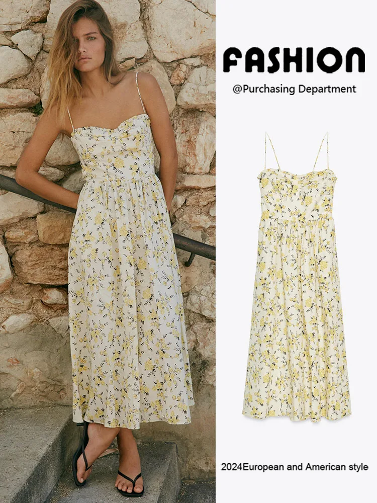 

Лето 2025: Новинка! Сексуальное шелковое миди-платье с цветочным принтом и бретельками для женщин. Модный традиционный китайский сценический костюм.