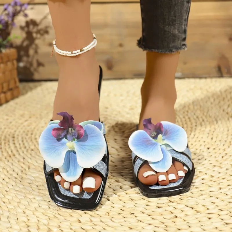 

Slippers Low Heels Open Toe Women's Sandals Flower Decorative Elegant Square Toe Summer 2026 Slides New Women Slippers