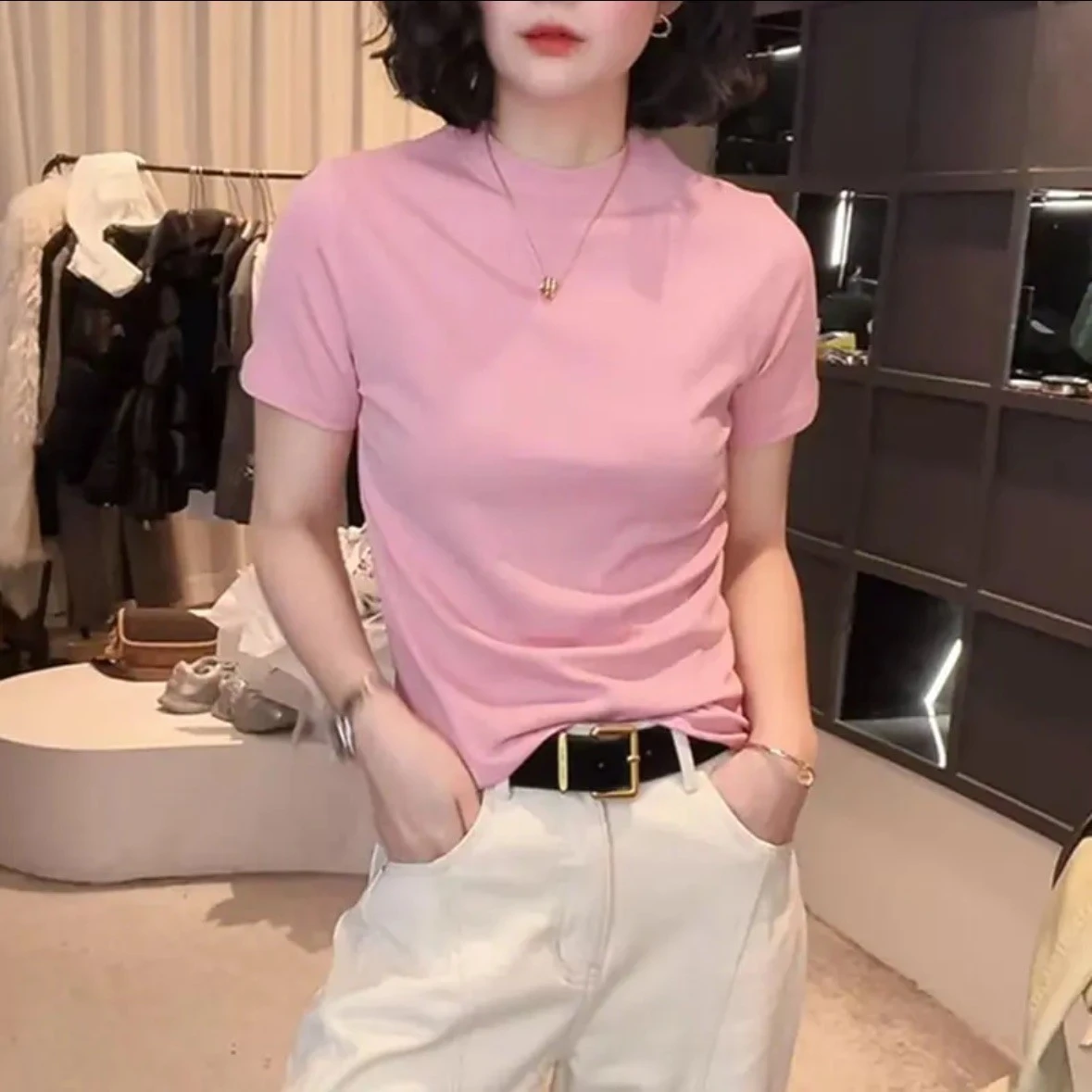 New Semi-high-necked Cotton Short-sleeved Women's Stand-up T-shirt Joker Loose Sleeve Top Slim Bottom