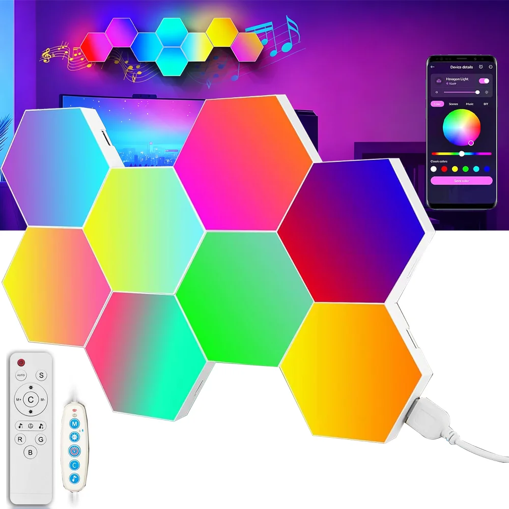 

RGB Smart Hexagonal Wall Lamp Color Changing Ambient Night Light DIY Shape Music Rhythm APP for Game Room Bedroom Intelligent