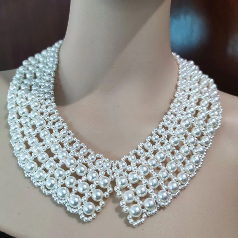 Multi-layer White Black Plastic Pearls Woven Pearls Wide Collars Necklace Women Shirt Costume Collar Tie Decoration Fake Collars