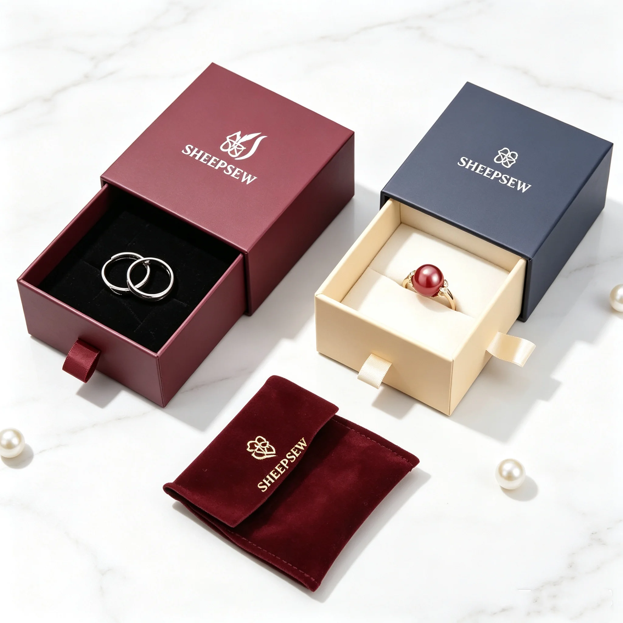 50pcs Sheepsew Custom Logo Elegant Jewelry Packaging Paper Drawer Box Recyclable Rings Gift Rigid Paperboard Boxes
