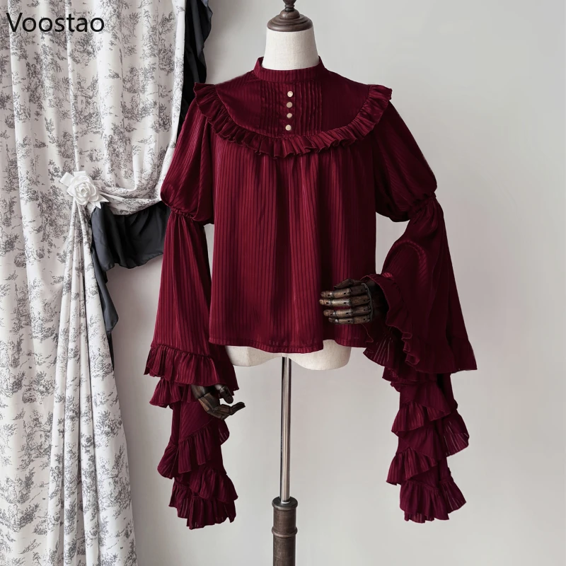 White Victorian Gothic Lolita Style Shirts Women Vintage Elegant Ruffles Long Sleeve Striped Blouses Female Y2k Blusas Mujer Top