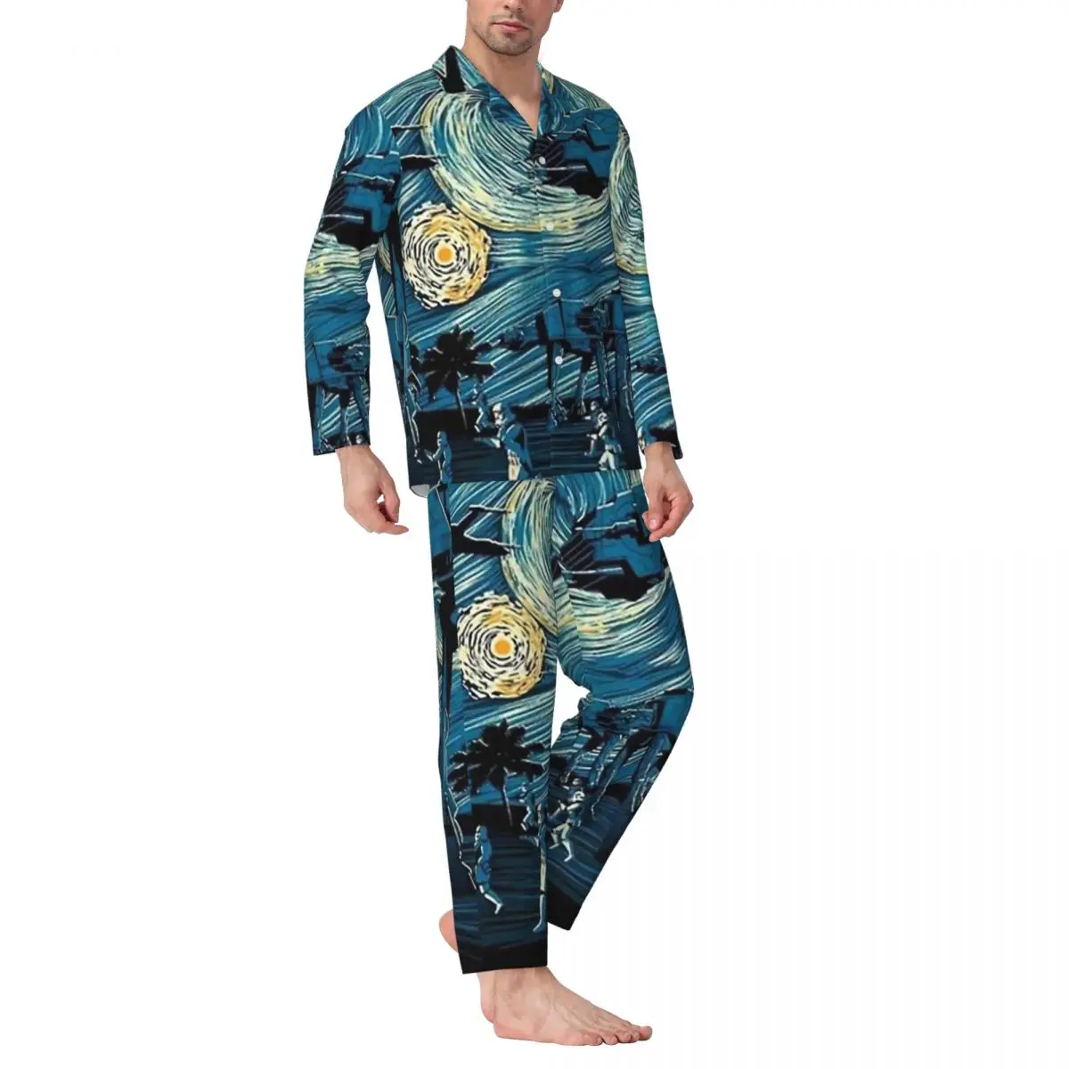 Pajamas Male Starry Night Mashups Daily Nightwear Two Piece Vintage Pajama Sets Long Sleeve Soft Oversized Home Suit