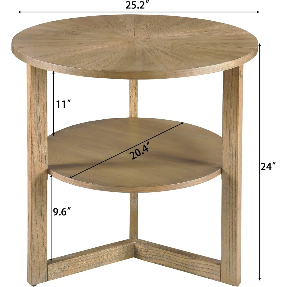 Grande table ronde à côté du dessus en forme de parapluie, table d'appoint de canapé circulaire traditionnelle avec étagère, table de chevet rustique