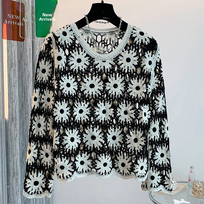 

ort Svel круглая футболка Ne с вырезами, вязаный волнистый дизайн, осенний новый топ для женщин больших размеров, корейский топ