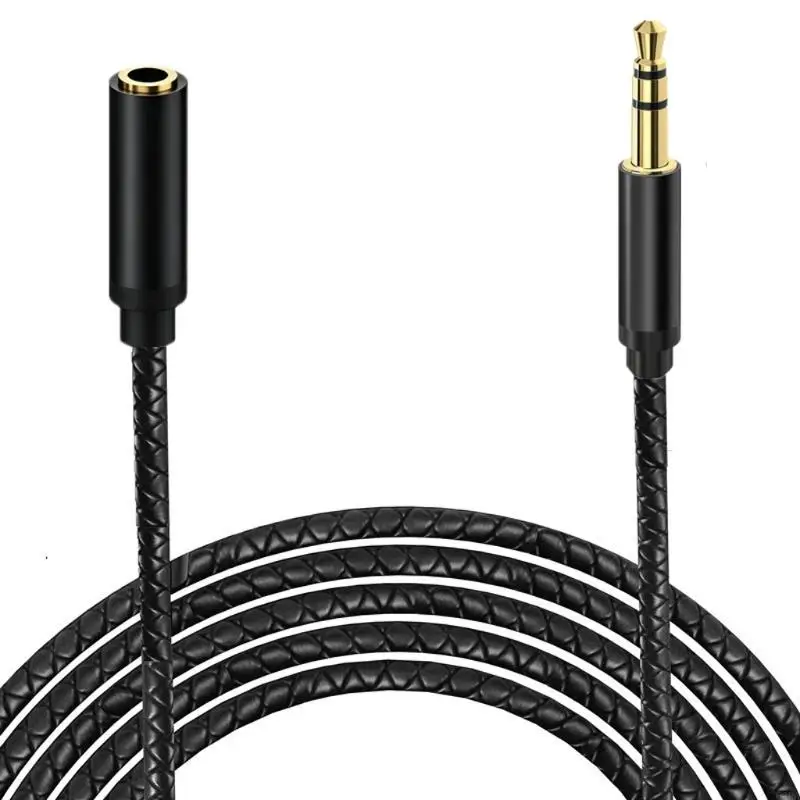 Q6PA Speaker Extension Cable 3.5 mm Male to Female Cord, Black Cover and Gold-Tone Ends for Home Desk Port Access Use