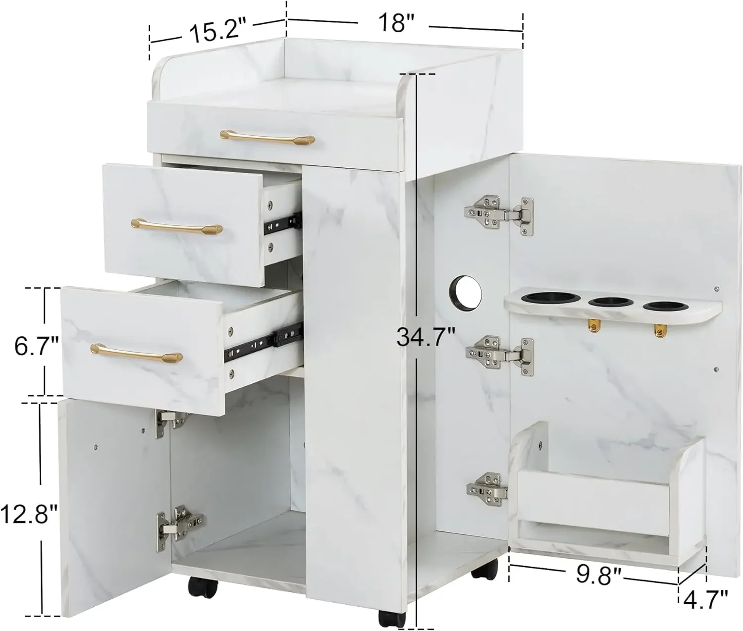 Salon Trolley Cart Hair Styling Rolling Cart with 2 Lockable Wheels Barber Organizer with 3 Drawers 2 Cabinets