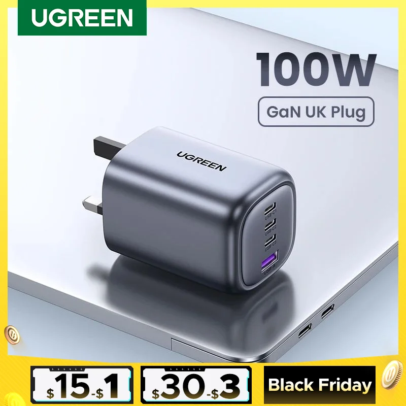 UGREEN UK Plug GaN 100W 65W Fast Charger QC 4.0 3.0  for Macbook Air Tablet iPhone 16 15 14 Pro Max Xiaomi USB Type C PD Charger