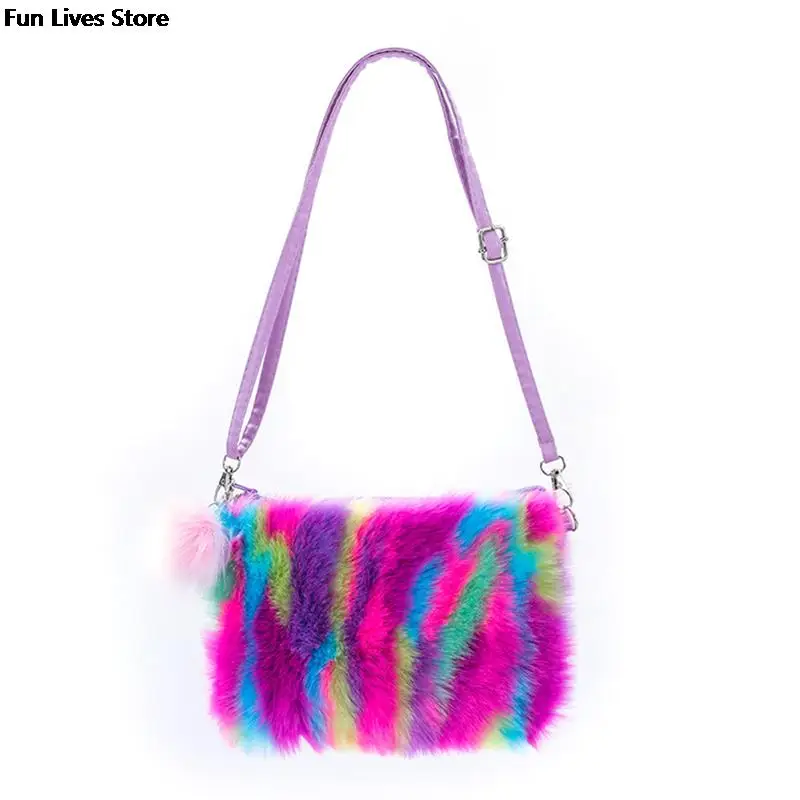 Women Colorful Plush Shoulder Bag Rainbow Fur Handbags Cute Crossbody Bags Adjustable Leather Belts Satchels Girls Furry Handbag