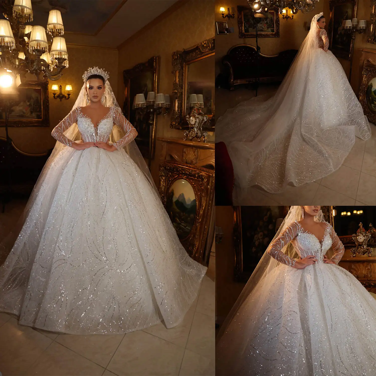 Fantastical Ball Gown Wedding Dresses Crystals Sequins Lace Bridal Gowns Big Size Vestidos De Novia Custom Size Colour