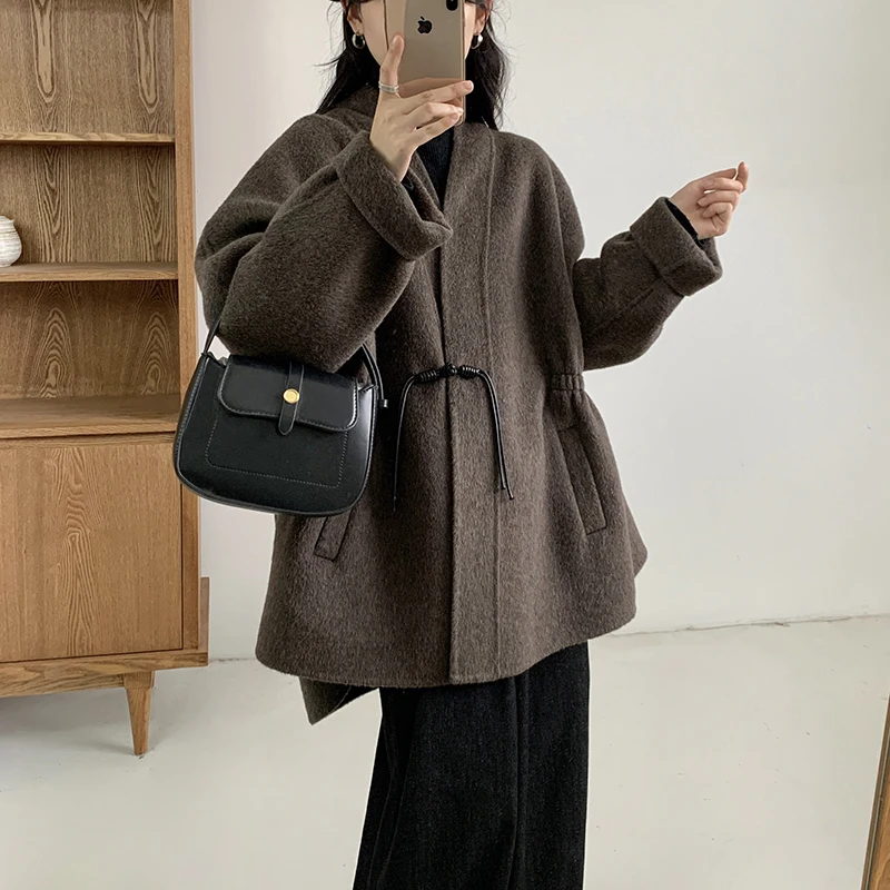 

New Chinese style cinched cape woolen coat women winter large size long sleeve cardigan double-sided cashmere coat for women