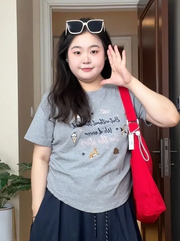 plus Size Women's Cotton T-Shirt Embroidered Pleated Slimming Short Sleeve round Neck Casual Breathable Sweat Absorbent Top