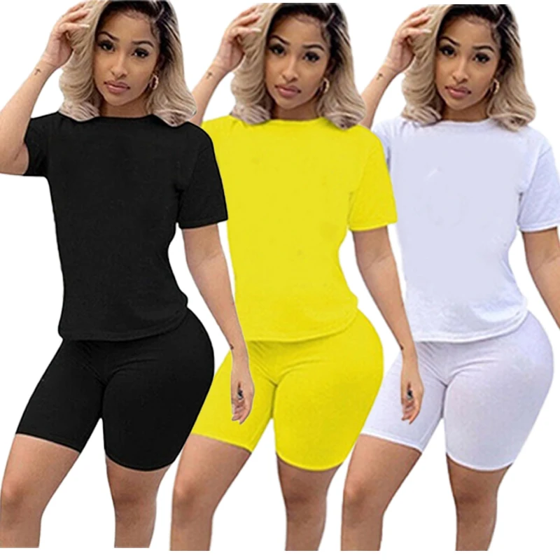 Summer New Women Fashion Solid Color Print 2 Piece Sets Casual Sports Suit Short Sleeve T-shirt + Shorts S-3XL