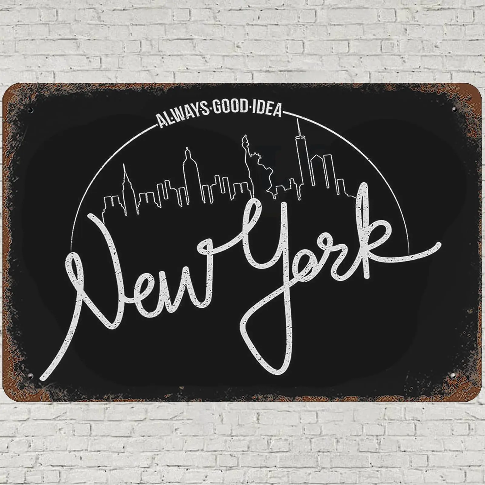 CHARLLR Letrero de metal vintage de 8x12, decoración de pared con arte central de Nueva York, letrero con imagen de edificios de la ciudad de Brooklyn, rascacielos y la Estatua de la Libertad de Nueva York