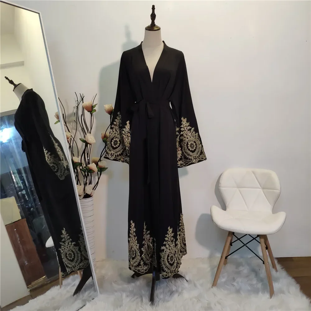 Moda Patchwork batas abiertas Casual Dubai Abaya vestido musulmán Abayas ajustadas para mujeres con cordones cárdigan de manga larga vestido largo