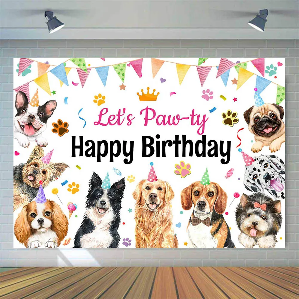 Mocsicka Puppy Dog Happy Birthday Backdrop Let's Paw-ty Pet Party Decor Child Family Portrait Background Photo Studio Photoshoot