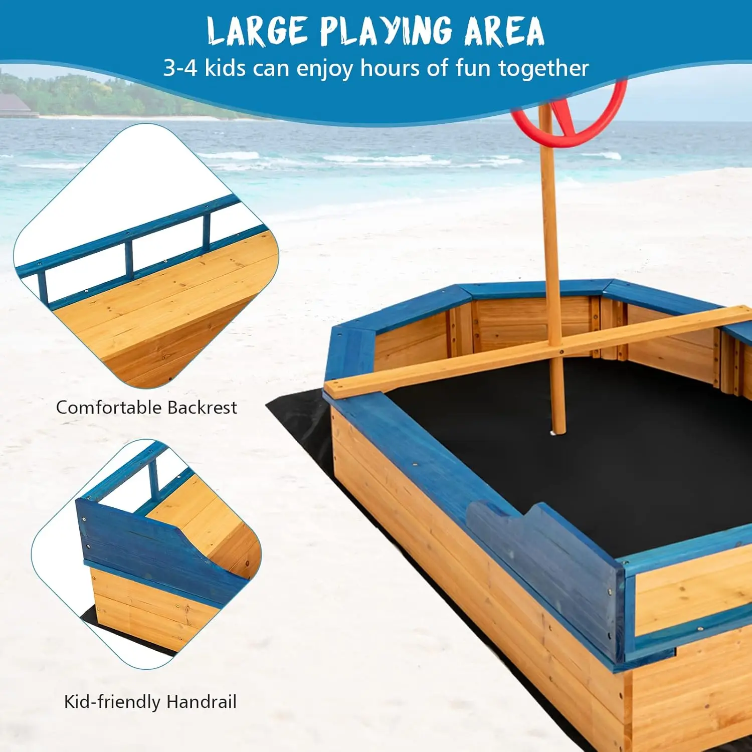 Pirate Boat Wood Sandbox for Kids, Wooden Pirate Sandpit w/Bench Seat, Storage Space, Ground Liner, Realistic Flag&Rudder, Child